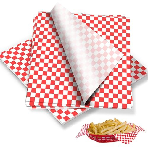 RJFUJP 200 PCS Greaseproof Paper Sheets, Red, 18cm x 18cm, Virgin Wood Pulp, Non-Stick, Water & Oil Resistant, Classic Checkered Pattern, Ideal for Deli, Sandwich, Cakes, Hamburgers