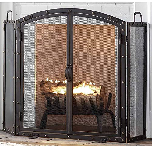 ZXLAGDBP Free Standing Fireplace Screen With Doors,31.5Inch Tall Fire Place Standing Gate,3-Panel Wrought Iron Fire Guard