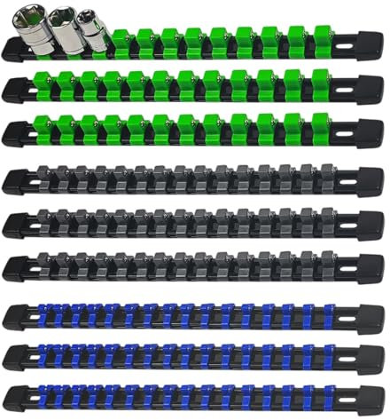 9PCS Socket Rails, Socket Organiser, Portable Socket Clip Rail Holder,1/4 Inch X 48 Clips and 3/8 Inch X 45 Clips and 1/2 Inch X 36 Clips,Socket Holder Set ABS Tools Organizer