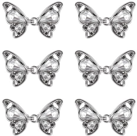 WANDIC 6 Pairs Silver Butterfly Cloak Clasp Fasteners Chinese Style Buttons Sweater Clips Cardigan Buttons Cheongsam Cloak Clasp Fasteners with Rhinestone for Clothing Decoration
