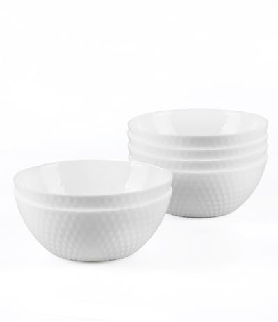 LaGlint 6er Set Müslischalen Opalglas, 570 ml, Facettendesign, Weiß | Runde Schalen für Müsli, Suppe, Salat und Reis, spülmaschinen- und mikrowellengeeignet für den Alltag