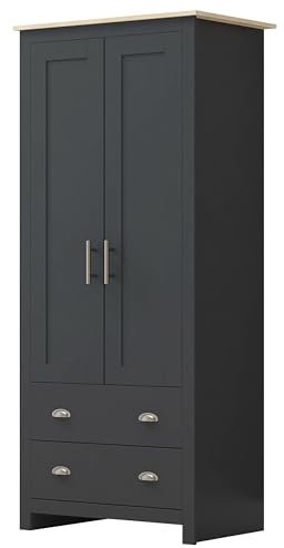 Nera 2 Door Wardrobe with Drawers and Hanging Rail Oak Coloured Top Slim Wardrobes for Small Bedrooms Storage (Grey on Oak)