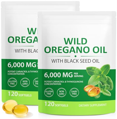 Oregano Öl Kapseln 240 Softgel, Oregano Öl Kapseln - 2 in 1 6000 mg Oreganoöl mit 200 mg Schwarzkümmelöl, Verdauungsunterstützung, Reine & natürliche