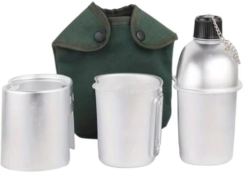 Juego De Utensilios De Cocina Para Cantimplora De Camping, Botella De Agua Militar, Juego De Botella De Agua De Cantimplora Militar De Aluminio Con Bolsa Protectora Para Acampar, Senderismo, Caza