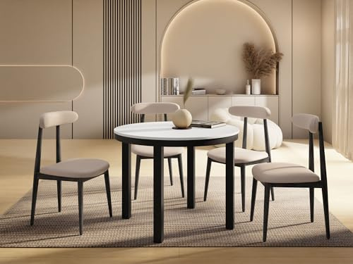 WFL GROUP Runder Ausziehbarer Esstisch mit Schwarzem Metallgestell – Tisch mit Schwarzen Metallbeinen im Loft-Stil – Platzsparender Tisch für Wohnzimmer, Esszimmer oder Küche – Weiß – 100 bis 180 cm