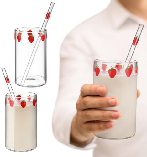 CLISPEED 2Er Set Erdbeer Glasbecher Mit Strohhalm Und Deckel Wiederverwendbare Trinkbecher FüR Saft Milch Tee Transparent Kompakte Strohbecher FüR Zuhause BüRo Party 4.33X2.56In