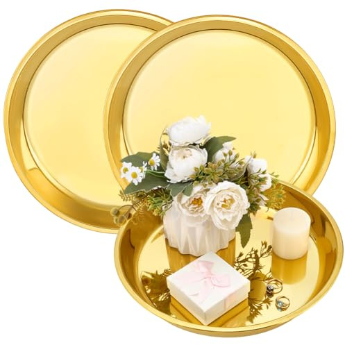 PH PandaHall 3pcs Plateau de Service Rond Doré Plat de Service en Acier Inoxydable Doré de 30cm Plateau de Table Basse pour Coiffeuse Bar Service de Desserts Présentoir à Bougies et Bijoux