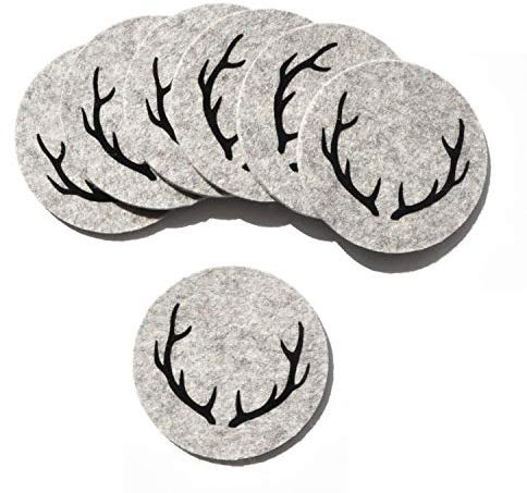 Filz Untersetzer 4er Set – Rund Ø10 cm – 100% Merinowolle – Hellgrau Meliert – Hirschgeweih Motiv Schwarz – Hochwertige Wollfilz Tischuntersetzer – Nachhaltige Tischdeko