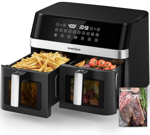 12QT Large Double Air Fryer, 10-in-1 Dual Zone Air Fryer with 2×6QT Baskets, 60° Easy Panel with Full Touch Screen, SyncCook Function, Viewing Window, 2