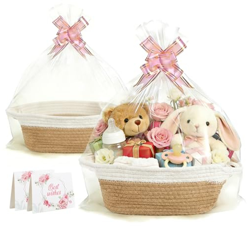 2er-Set Geschenkkorb Leer 30x20x12 cm Geflochten Präsentkorb Leer Groß Körbchen Geschenk mit Geschenktüten und Bändern Gift Basket für Babyparty Geschenk, Erntedank, Weihnachten, Hochzeit（Khaki）