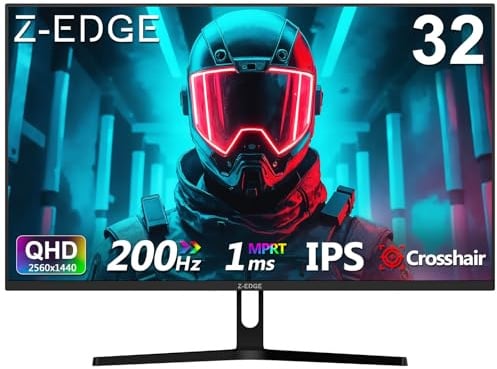 Z-Edge 32 Zoll Gaming Monitor QHD 200Hz 2K 2560x1440 1ms IPS Schwarz | UG32 1440P PC Bildschirm 16:9, 300cd/m² Helligkeit, 100% sRGB, FreeSync, Fadenkreuz, DP (200Hz) HDMI (144Hz), VESA Kompatibel