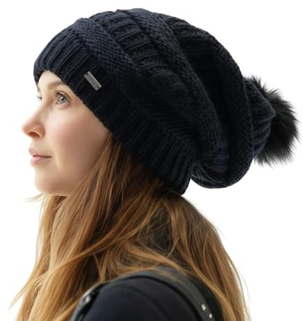 TOP-EX Damen Wintermütze 100% Wolle Mütze Damen mit Kunstfell-Bommel | Schwerer Island-Strick, Fleece- oder Satinfutter, Stretchfit 56–62 cm, Kunstfell-Bommel, Pendeln, Wandern, Ski, Winterreisen