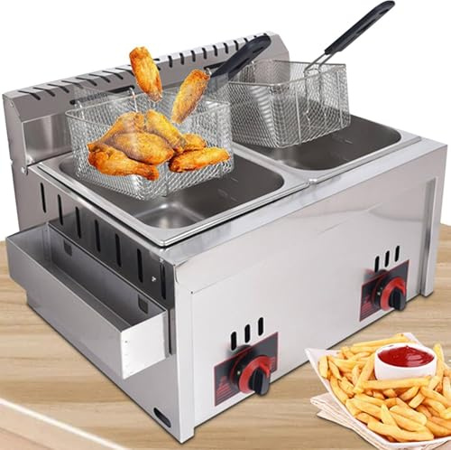 Friteuse à gaz double cylindre en acier inoxydable avec paniers et couvercles, puissance de feu réglable, facile à nettoyer