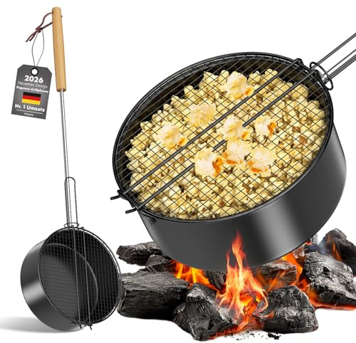 Popcorn-Grillpfanne für Lagerfeuer & Grill, Outdoor Popcorn-Pfanne für Lagerfeuer, Grill und Feuerschale, aus hochwertigen Karbonstahl & Sicherheitsgriff (Schwarz)