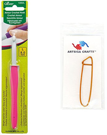 Clover Needlecraft Amour Häkelnadel Größe L/8mm Bundle mit 1 Artsiga Crafts Maschenhalter 1055/L
