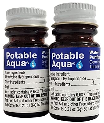 Potable Aqua Water Purification Tablets, Portable and Effective Water Purification Solution for Camping, Hiking, Emergencies, Natural Disasters and International Travel, Two 50ct Bottles, Blue