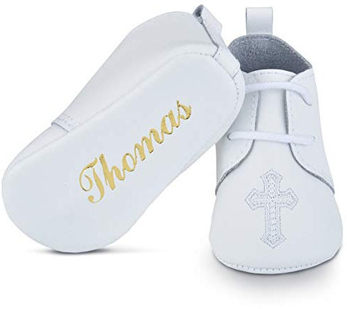 BabyShoe Personalized Christening - Baptism Leather Shoes for Baby Boys & Girls with Hand Embossed Name & Date – Newborn Shoes for Special Occasions – Great Gift Idea – White