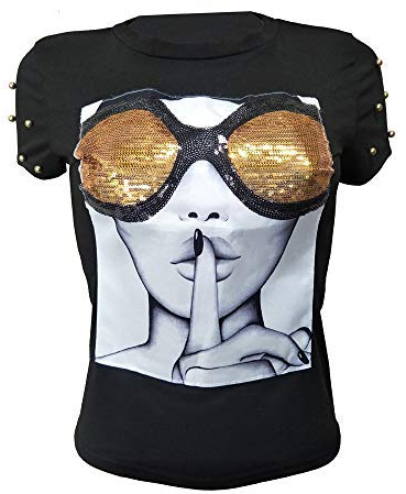 PESION Damen T-Shirt mit kurzen Ärmeln, Pailletten, O-Ausschnitt, lustige Grafik-T-Shirt, Bluse, schwarz 1, Klein