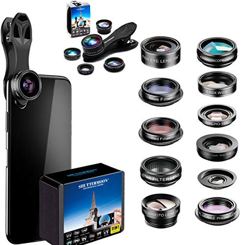 SHUTTERMOON Kameraobjektiv-Set für iPhone Smartphones/Pixel/Samsung/Android Handy-Kamera. 2xTeleobjektiv, Fischaugenobjektiv, CPL, Blau- und Rot-Filterfilter
