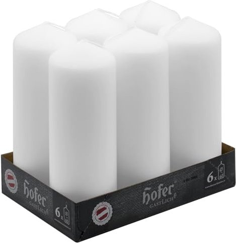Hofer Velas de pilar, paquete de 6 unidades, 54 horas de combustión, color blanco, 6 cm x 16,5 cm, cera sin perfume, sin goteo, larga duración, calidad de la UE, 1 x 6 unidades