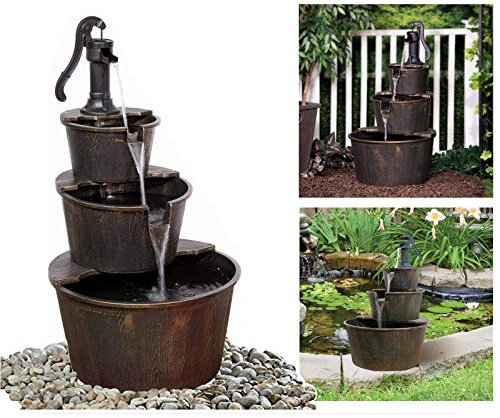 3 Tier Wooden Effect Water Fountain Outdoor Cascading Feature Barrel Garden Deck