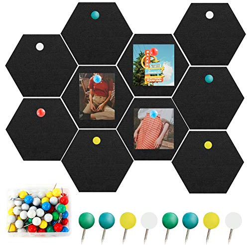 Filz Pinnwand Kork 10 Stück, Sechseckige Korkplatte Selbstklebende Korkwand mit 20 Stück Pushpins, Pinnwand DIY Wanddeko für Fotohängen, Heimdekoration und Büro Memorandum (schwarz)