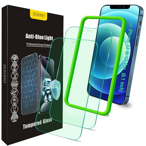 JESOHO Blue Light Blocking Screen Protector for iPhone 12 & 12 Pro 6.1 inch | 2 Pack Anti Blue Light Tempered Glass Film, Eye Protection,9H, Case Friendly, No Bubble,with Easy Installation Kit.