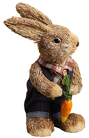 DEDEMCO Stehender Hasen-Figur, Stroh, gewebter Osterhase, 23 cm, Sisal, handgewebt, Strohfiguren, Frühlings-Osterfigur für Garten, Zuhause, Tischplatte, Dunkelblau