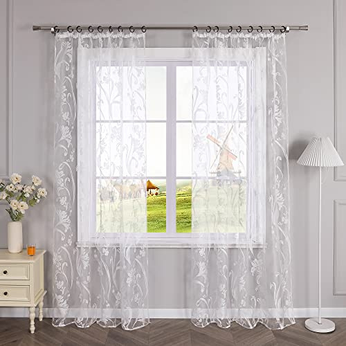 CORLIF Voile Gardine mit Kräuselband Vorhang Ausbrenner Muster Transparente Gardinen Wohnzimmer Schlafzimmer Gardinenschals Weiß BxH 140x175cm 1 Stück
