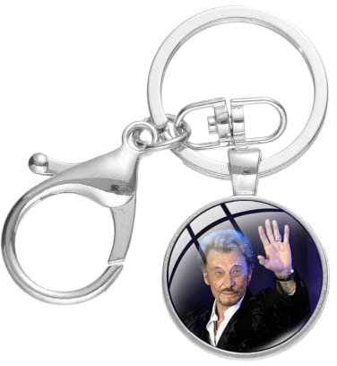 Klassischer Rock Superstar Johnny Hallyday Fans Schlüsselanhänger 3D-Druck Glas runder Anhänger Karabinerschnalle Schlüsselanhänger Ring Großhandel, weiß, L