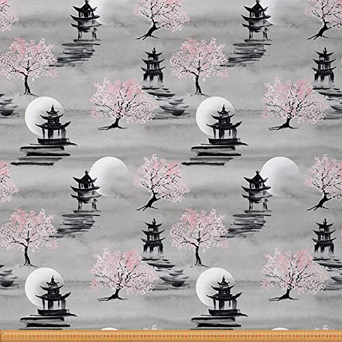 Loussiesd Japanischer Stoff Meterware exotischer Kirschblüten Möbelstoff für Stühle orientalischer Pagode Sakura Dekorationsstoff für Polster und Heimwerkerprojekte 92x150cm Rosa Grau