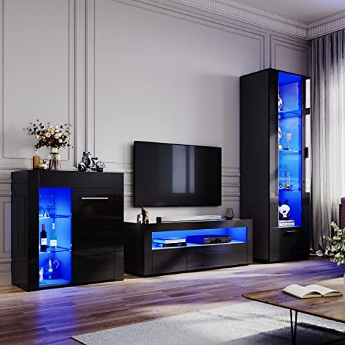 ELEGANT High Gloss Black Living Room Set TV Stand Sideboard Display Cabinet(187cm) Multicolour LED Lights,UK Power Adapter Included