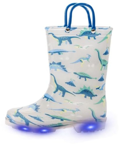 EUXTERPA Stivali di gomma per bambini e bambine lampeggianti, con glitter, impermeabili, con manico facile da indossare, taglia 36-44, Dinosauro grigio, 34 EU