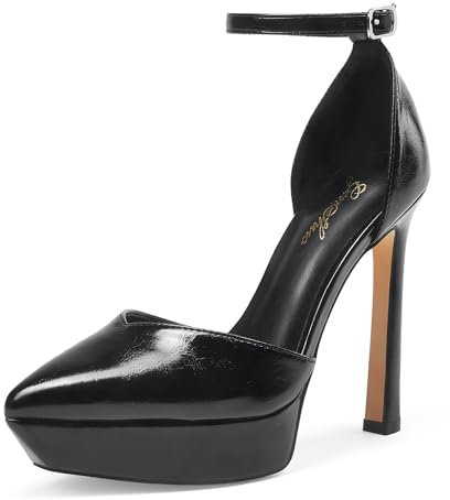GENSHUO Talons Hauts à Plateforme pour Femmes Escarpins Sexy à Talons Aiguilles de 12 CM/4.72 Pouces Chaussures à Talons à Bride de Cheville et à Bout Fermé pour la Fête, Noir 37EU