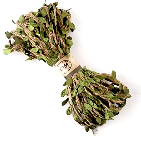PAITOK Artificial Vine Leaves Ribbon,10 Meters Natural Jute Twine with Green Leaves Decoration Fake Foliage Leaf Plant Garland Rustic Craft Leaves for Home Garden Wedding Decoration Gift Wrapping