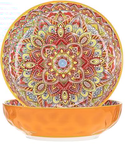 Boho Large Serving Bowls, 10.2 Inch Fruit Salad Bowls, Decorative Serving Dishes for Entertaining, 80 OZ Pasta Bowls Set of 2, Vibrant Colorful Soup Bowls for Party, Home Decor, Bohemian Style Gift