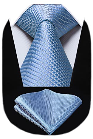HISDERN Blue Tie for Men Plaid Light Blue Ties and Pocket Squares Set Necktie for Wedding