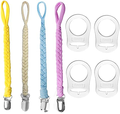 Schnullerkette Baumwolle, Silikonring für Schnullerkette, Schnullerband Junge Und Mädchen, 4 Stück Transparente Schnuller Adapter + 4 Stück Pacifier Holder, Geeignet für Männliche Und Weibliche Babys