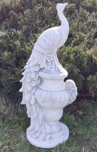Casa Padrino Barock Garten Deko Skulptur Pfau auf Vase Weiß/Grau H. 82 cm - Prunkvolle Garten Deko Stein Figur - Barock Garten Deko Accessoires - Barock Garten Skulpturen
