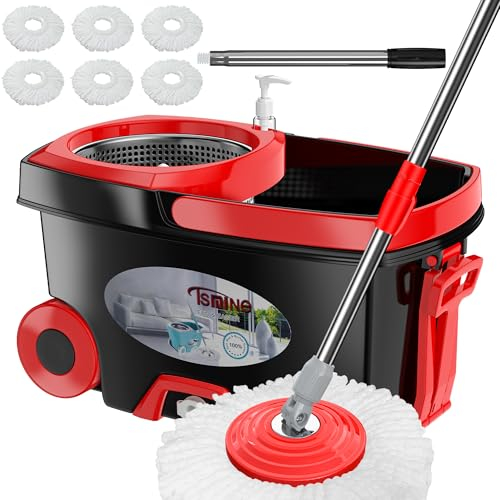 FunClean - Set di mocio rotante e secchio, mocio e secchio con strizzatore, per la casa, strumento per la pulizia dei pavimenti rotante a 360 gradi, 6 testine di ricambio in microfibra, manico esteso