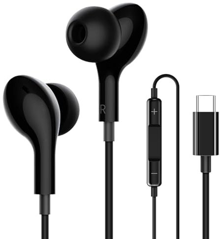 SEUMOO USB C Headphones Wired for iPhone 15/15 Pro/15 Pro Max/15 Plus Hi-Fi Audio Stereo In-Ear Type C Earphones Earbuds with Mic Volume Control USB C Earphones Headset for Samsung S24 S23 S22 Black