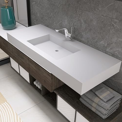MEDUNJESS 47 Wall Mount Sink Matte Bathroom Vanity Vessel Sinks Artificial Stone Rectanglee Indoor Outdoors Modern Floating or Countertop Freestanding Wall Hang Sink Bowl… (single Holes 47'')…