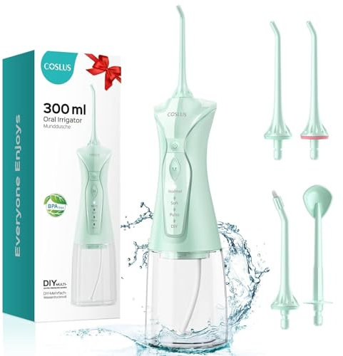 COSLUS Water Teeth Flosser Picks: 4 Modes Cordless Irrigator 300ML Portable Electric Flossing Machinerie for Teeth Cleaning Rechargeable Waterproof Tooth Pick Set Cleaner for Travel Home C30(FC5360)
