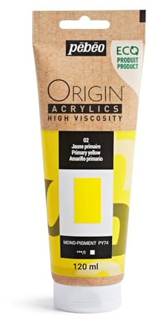 Pebeo - Origin Acrylics 120 ml - Peinture Acrylique Éco-Conçue - Haute Viscosité - Finition Mate - Liant 100% Recyclé - 96% de Matières Premières d’Origine Européenne - Jaune Primaire