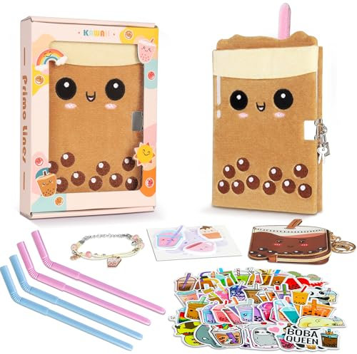 Geschenk-Set für Mädchen, Tagebuch mit Schloss und Schlüssel, Boba-Tee-Plüsch-Tagebuch für Teenager-Mädchen, flauschiges Tagebuch für Mädchen, Kawaii-Geburtstagsgeschenk-Set mit Geldbörse, Armband, 4
