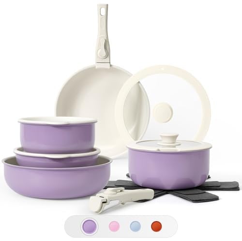 SODAY 15Pcs Pots and Pans Set Non Stick, Cookware Sets with Detachable Handle, Nonstick RV Kitchen Cooking Tools Removable Handles, Oven Safe, Induction Fast, Stackable Induction Cookware, Purple