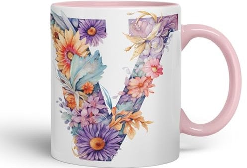 Letter V Mug, Floral Flowers Butterfly Alphabet Letter V Monogram Watercolour Ceramic Coloured Mug Cup for Tea Coffee Hot Brew 330ml 11Oz Gift (Pink)