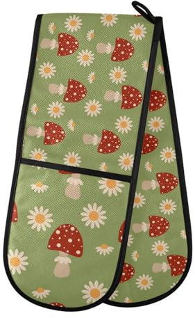 Double Oven Gloves Heat Resistant Daisy Mushroom Double Oven Mitts Pot Holder Heat Protection Oven Gloves for Home Kitchen Baking Cooking BBQ Microwave