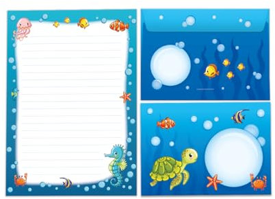 Briefpapier-Set Briefblock mit Umschlag für Mädchen Jungen Kindermotiv Seepferd Tiere Briefbögenblock liniert (Block A5 mit 25 Blätter + 15 Umschläge)