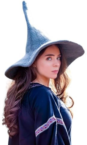 Leonardo Carbone® Hexenhut Agata - Hexenkostüm, Mittelalter Kleidung Kopfbedeckung, Halloween Kostüm Damen, Witcher Hat, Zauberer Hut, LARP-Kleidung, Karneval, Cosplay - 100% Wolle Grau